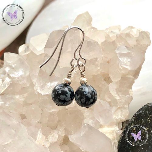 Classical Snowflake Obsidian Silver Earrings